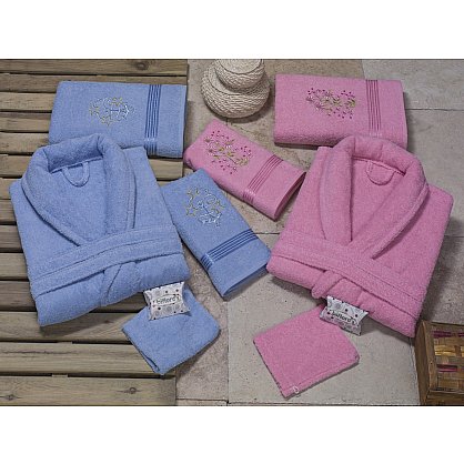 Подарочный набор махровых халатов и полотенец семейный "NURPAK BIOFLORES", голубой, розовый (kr-535-CHAR001), фото 1