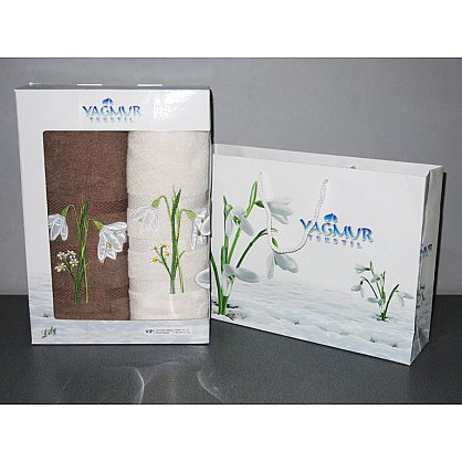 Комплект полотенец Yagmur KARDELEN (Подснежники) Cotton в коробке (50*90; 70*140), коричневый, белый (tg-8462-01), фото 1