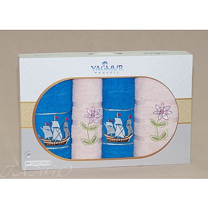 Комплект полотенец Yagmur AILE (Моряк) Cotton в коробке (50*90; 70*140), голубой, розовый (tg-8038-01), фото 1
