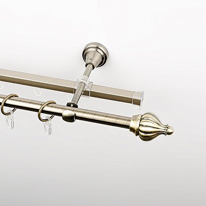 Карниз металлический стыкованный c наконечниками "Тай", 2-рядный, золото антик, гладкая труба, ø 16 мм (kn-621), фото 1