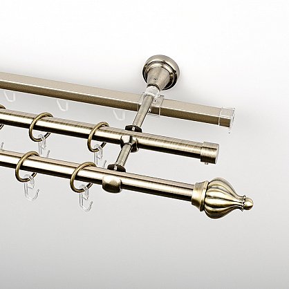 Карниз металлический стыкованный c наконечниками "Тай", 3-рядный, золото антик, гладкая труба, ø 16 мм (kn-622), фото 1