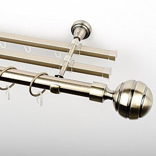 Карниз металлический стыкованный с U-шинами и наконечниками "Омега", 3-рядный, золото антик, гладкая труба, ø 25 мм