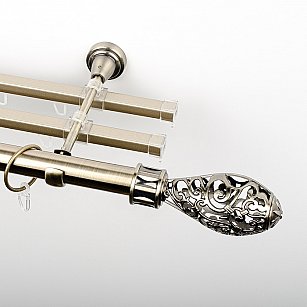 Карниз металлический стыкованный с U-шинами и наконечниками "Версаль", 3-рядный, золото антик, гладкая труба, ø 25 мм