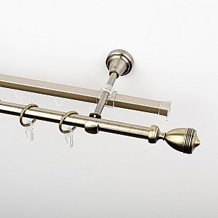 Карниз металлический стыкованный c наконечниками "Ремус", 2-рядный, золото антик, гладкая труба, ø 16 мм