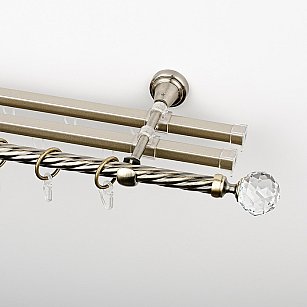 Карниз металлический стыкованный с U-шинами и наконечниками "Леда", 3-рядный, золото антик, крученая труба, ø 16 мм