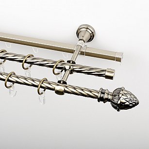 Карниз металлический стыкованный c наконечниками "Агра", 3-рядный, золото антик, крученая труба, ø 16 мм